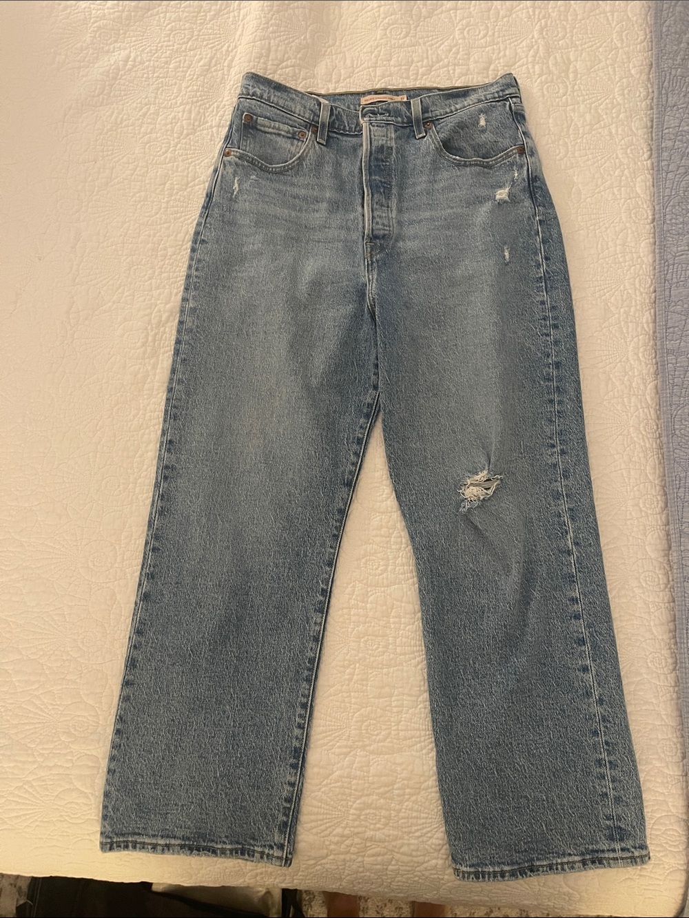 Levi's Distressed Straight Leg Jeans in Light Blue